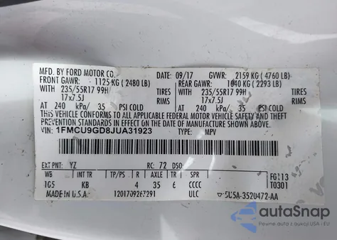 2018 Ford Escape Se z USA, uszkodzony, nr VIN 1FMCU9GD8JUA31923